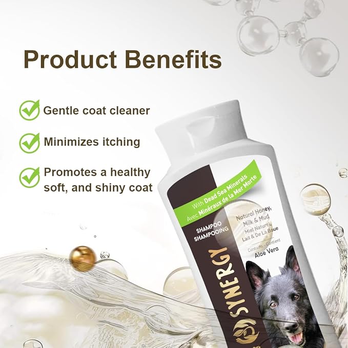 Pet Dog Shampoo Mud and Natural Dead Sea Mineral Rich, Aloe Vera & Vitamin-E, Soothing, Soften & Shiny Coat, Cleansing - Natural Honey & Milk - (1) Bottle 16.5 FL OZ