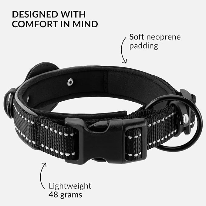 CollarDirect Airtag Dog Collar Reflective Nylon Neoprene Leather Holder for Apple Air Tag for Large, Medium, and Small Dogs (Black, S, 12-14.5 Inch)