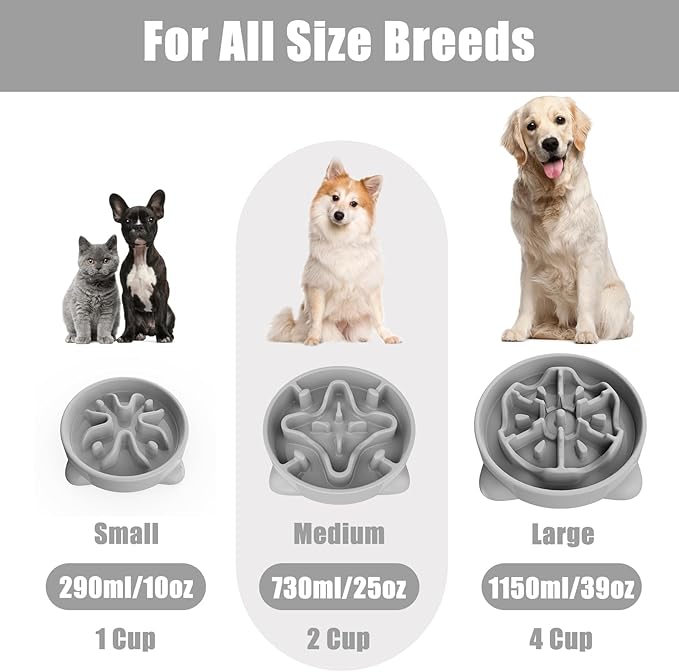 Slow Feeder Dog Bowls Medium Breed, Dog Food Bowl Medium Anti-Choking Bloat Stop Puzzle Healthy Eating Bowl (Gray, 2 Cup)