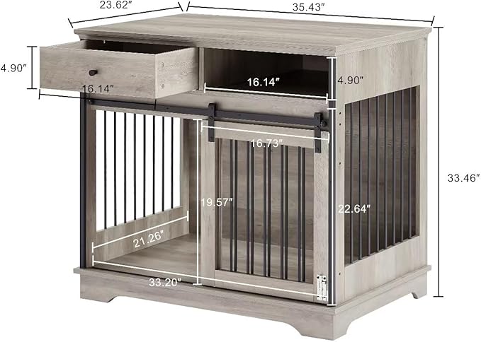 Dog Crate Furniture Wooden Dog Crate Table with Drawers Furniture Style Dog Cage with Side Door for Medium and Large Dogs,Grey,35.43" x 23.62" x 33.46"