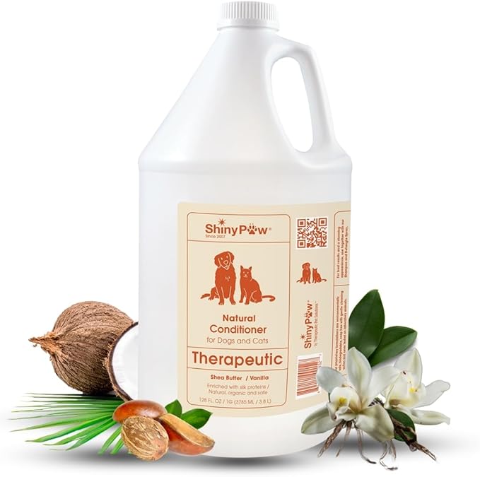 Dog Conditioner for Allergies and Itching 128 oz | Shiny Paw Shea Butter & Vanilla Conditioner for Dogs & Cats | Dog Matted Hair Detangler | Made in The USA