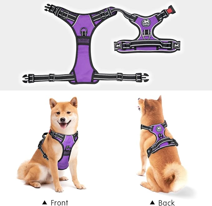 PoyPet No Pull Dog Harness, No Choke Front Clip Dog Reflective Harness, Adjustable Soft Padded Pet Vest with Easy Control Handle for Small to Large Dogs(Purple,M)