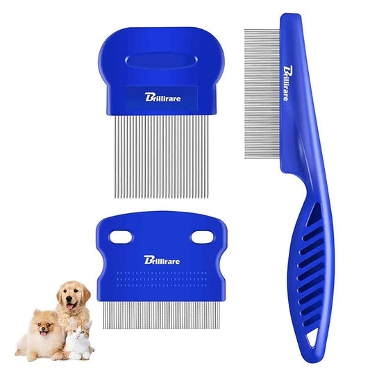 3 Pack Dog Grooming Comb, Flea Lice Pet Combs, Stainless Steel Cat Combs with Rounded Teeth, Professional Metal Tear Stain Remover, Dematting Tool for Small, Medium & Large Pets