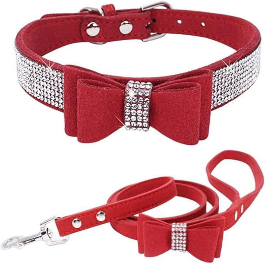 Rhinestone Bowtie Small Dog Collar and Leash Set, Diamond Puppy Collars Bow Crystal Bling Jeweled Glitter Girl Female Adjustable for XXSmall X-Small Small Medium Large Dogs (Red-1,Large)