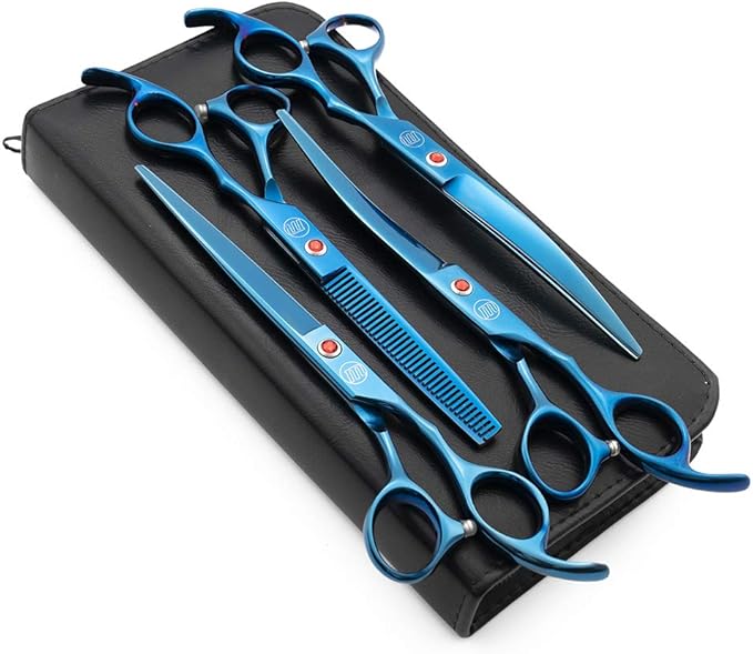 Moontay Professional 7.0" Dog Grooming Scissors Set, 4-pieces Straight, Upward Curved, Downward Curved, Thinning/Blending Shears for Dog, Cat and Pets, JP Stainless Steel, Blue