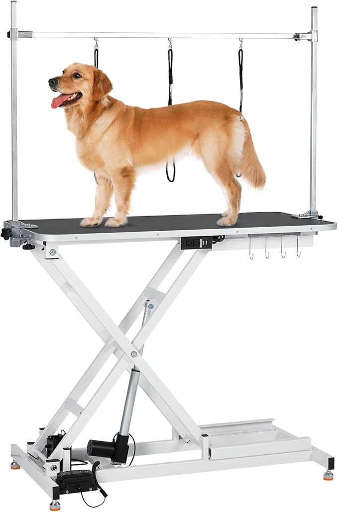 GAOMON Electric Dog Grooming Table, Height Adjustable (9.4"-39.4") Heavy Duty Pet Grooming Table w/Leveling Wheels, X Lift, Anti Slip Tabletop & Tool Organizer/Dog Grooming Station, 47"/White