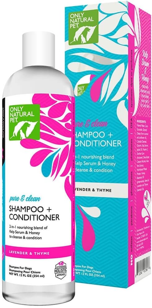 Only Natural Pet Pure & Clean 2-in-1 Shampoo + Conditioner for Dogs - Kelp Serum & Honey Shampoo with No Chemicals, No Sulfates, No Parabens Dyes or Perfumes - Lavender & Thyme Scent