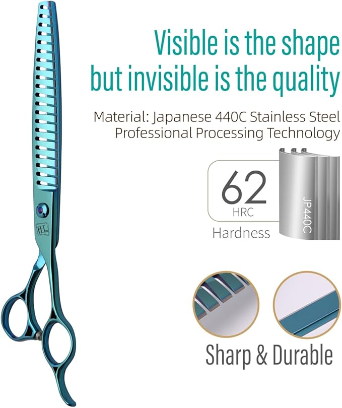 Dog Grooming Scissors: Blueish Green 7.5 inch Professional Pet Chunker Shears Made Of Japanese 440C Advanced Stainless Steel for Dogs Cats and Other Pets