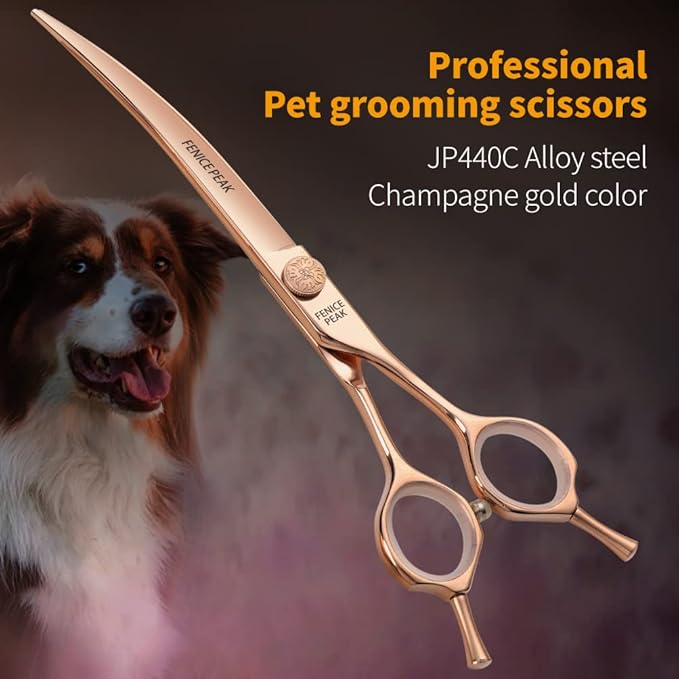 Fenice Peak Curved Dog Grooming Scissors Champagne Gold 440C Stainless Steel Professional Pet Cutting Shears Safety Trimming Shearing for Dogs and Cats