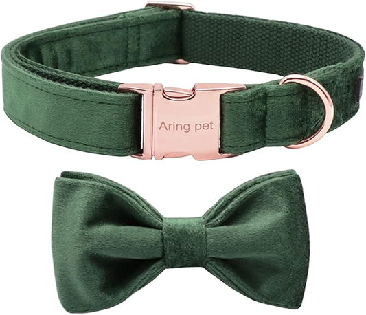 ARING PET Dog Collars with Bowtie-Velvet Dog Bow tie Collar, Adjustable Dark Green Dog Collar