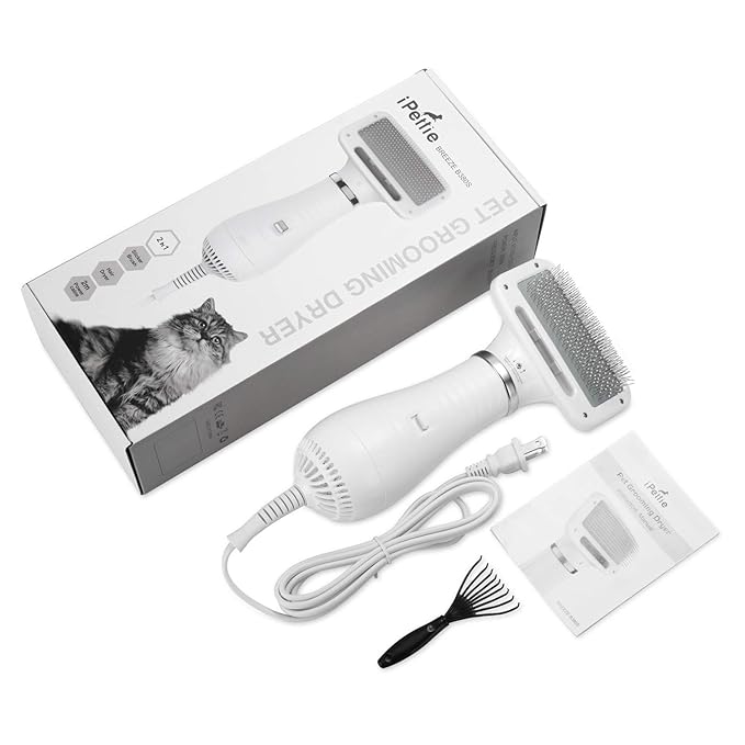 iPettie Pet Grooming Hair Dryer with Slicker Brush, White, Quiet, 2 Heat Settings, Professional Home Use for Short Straight Hair Cat, Narrow Gap Slicker Brush