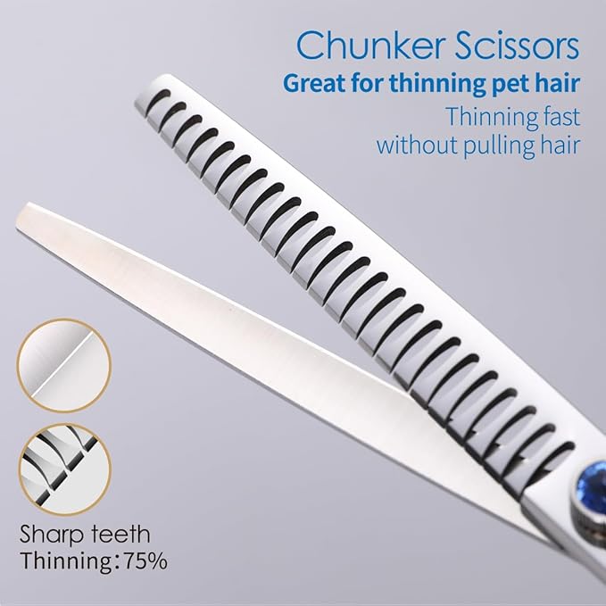 Left Handed Dog Grooming Scissors Kit 7 in Professional Curved Thinning Straight Shears 3pcs Set for Grooming Dogs Cat Pet Japanese 440C Stainless Steel(7.0'' Kit, 4Pcs)