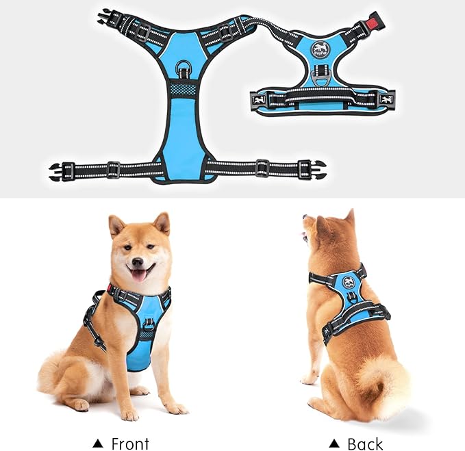 PoyPet No Pull Dog Harness, No Choke Front Lead Dog Reflective Harness, Adjustable Soft Padded Pet Vest with Easy Control Handle for Small to Large Dogs(Light Blue,S)