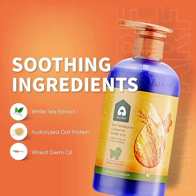 Arf Arf Dog Shampoo Whitening Formula, White-Coated Brightening Oatmeal 16oz, Honey-Infused, Pet-Friendly, Enhances Coat Shine, Suitable for All Breeds and Ages - 16oz