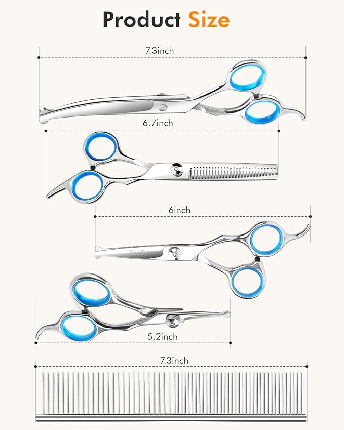 6-in-1 Dog Grooming Scissors - Professional Stainless Steel Hair Cutting Kit with Safety Rounded Tips, Ergonomic Soft-Grip Handles for Small & Large Dogs, Cats
