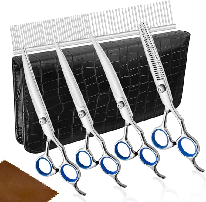 LILYS PET Professional PET DOG Grooming scissors suit,RED ring, Cutting&Curved&Thinning shears (Blue Ring 7.0")