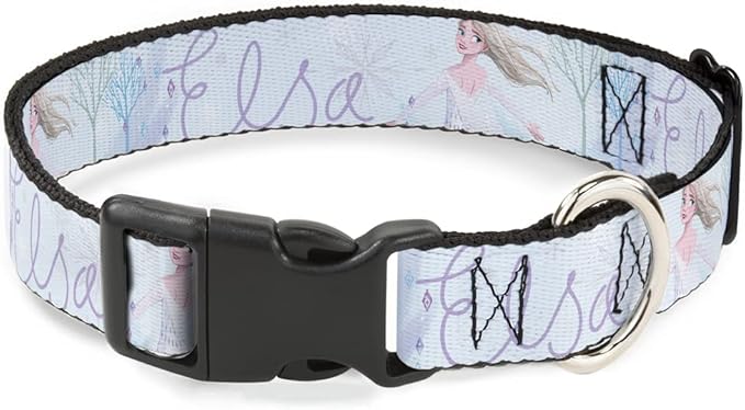 Disney Pet Collar, Dog Collar Plastic Buckle, Frozen Elsa Snowflake Pose with Trees and Script Blues, 11 to 16.5 Inches 1.0 Inch Wide