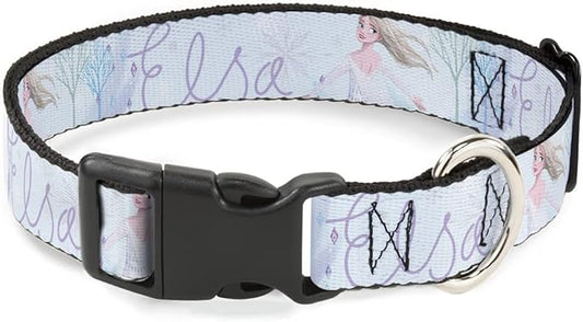 Disney Pet Collar, Dog Collar Plastic Buckle, Frozen Elsa Snowflake Pose with Trees and Script Blues, 9.5 to 14.5 Inches 0.5 Inch Wide