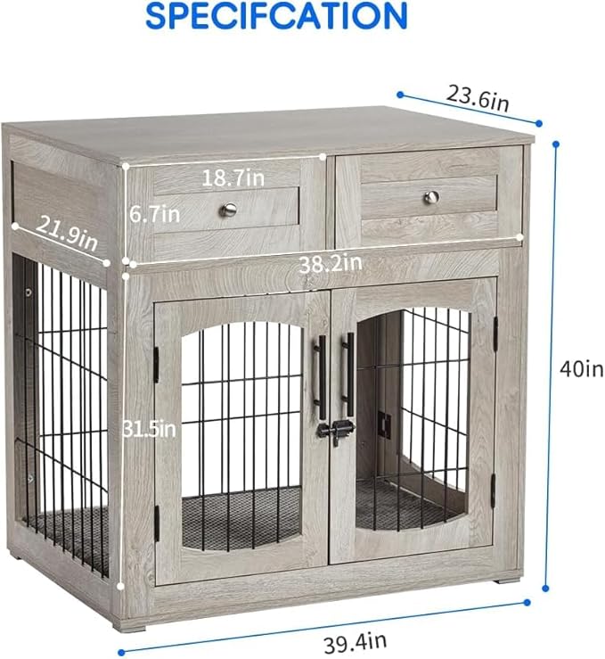 Dog Crate Furniture with 3 Doors,39.4" Large Dog Crate with 2 Drawer & Cushion,Wooden Dog House Kennel for Medium/Large Dog (39.4" L×23.6" W×40" H)