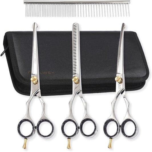 Left-Handed Pet dog Grooming Scissors Set Pro-Grade Curved Shears for Dogs Cats - Precision Crafted Sharp Blades Comfort Grip - Ideal for Cutting Curving Thinning (LH Round Tip Kit)