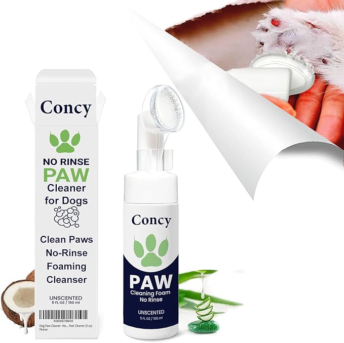 Concy Pet Paw Cleaner for Dogs Cats - No-Rinse Foaming Cleanser Silicon Brush Shampoo - Gentle, Effective Cat Dog Feet Cleaner Scrubber Unscented (5 oz)