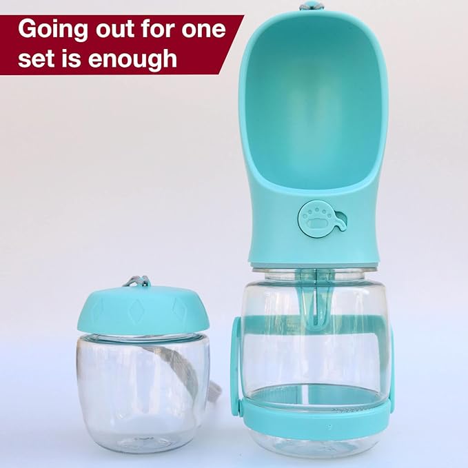 Dog Water Bottle with Food Container Holder, Travel Puppy Drinking Bowl, Portable Pet Water Dispenser, Patented Design, Food Grade Plastic 12 oz Water Bottle+100g Snack cans