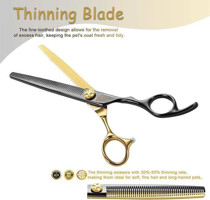Black & Gold Professional Thinning Dog Grooming Scissors with Decorative Screw Sharp and Durable Japanese 440C Stainless Steel Pet Cat Texturizing Thinner Shears with Safe Round Tip 7.5''