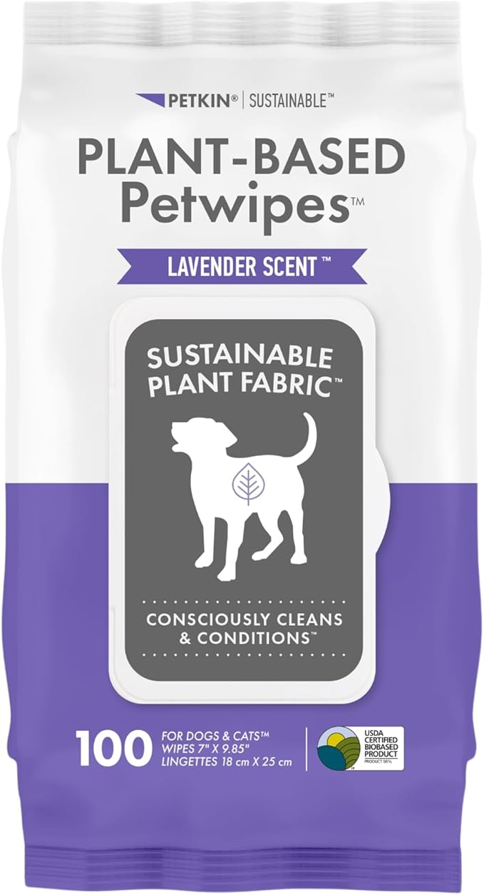 Petkin Plant-Based PetWipes, 100 Wipes - Biobased, Sustainable, Big & Thick Pet Wipes for Dogs & Cats - for Face, Paws, Ears, Body & Eye Area - Consciously Cleans & Conditions - Lavender