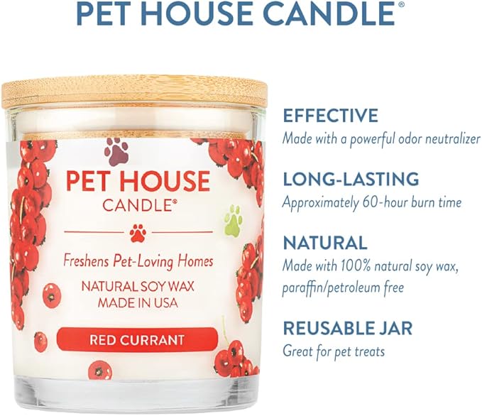 One Fur All Pet House Plant-Based/Soy Candle - Clean Burning, Long Lasting Pet Odor Eliminator for Home - Red Currant Scent