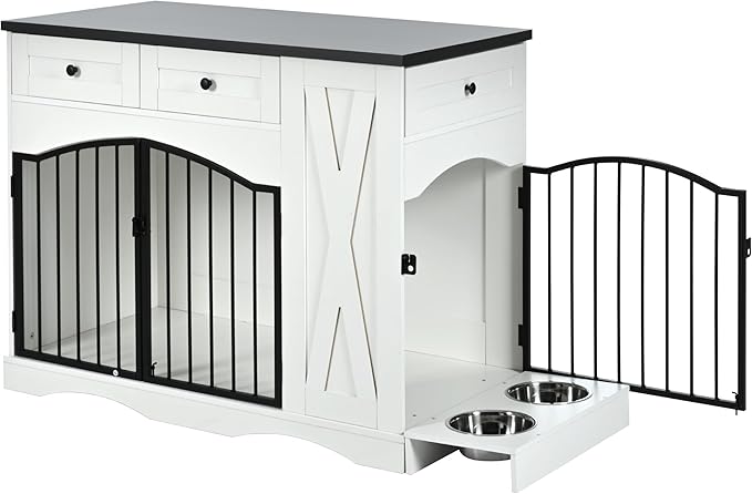 Ball & Cast 43.3" 2-in-1 Dog Crate Furniture,Modern Indoor Kennel with 2 Drawers&Storage Shelves,Double Doors&Double Locks Design for 41-70 lbs Dogs,Living Room,Kitchen,Entryway Side Table,White