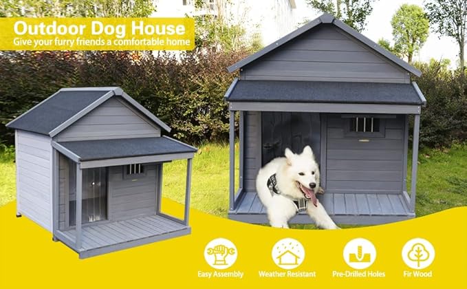 Outdoor Large Dogs House with Spacious Terrace,Open Waterproof Asphalt Roof Dog Kennel W/Breathable Window and Door Curtain,Fir Wood Dog Cage for Large Dogs,Easy to Assemble,Gray