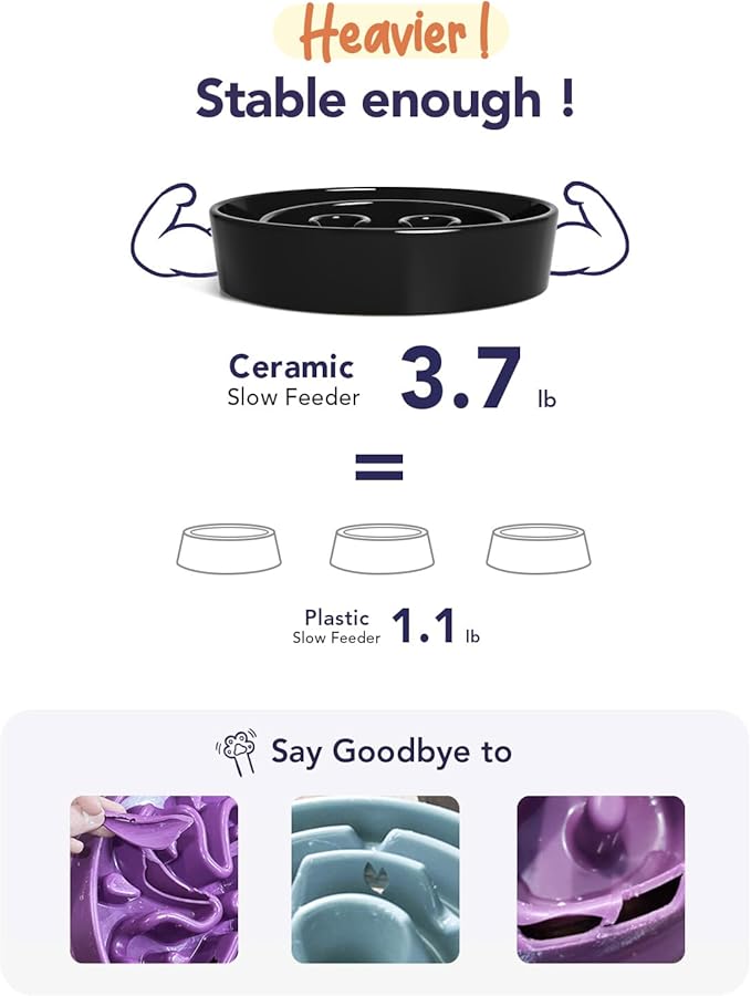 LE TAUCI Ceramic Slow Feeder Bowl, 3 Cups for Medium Large Breed Dogs, Maze Dish to Slow Down Eating, Puzzle Feeding Bowl for Fast Eaters, Skull Black