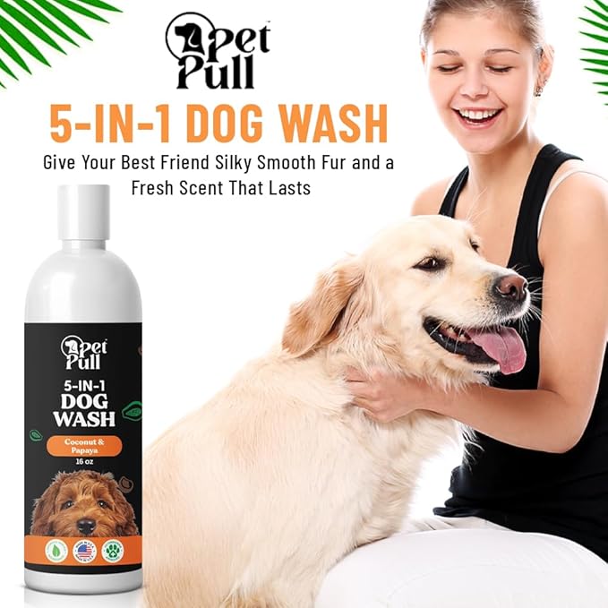 5-in-1 Dog Wash - Plant Based Dog Grooming Supplies for Dogs Cleanses - Skin Care Dog Wash Shampoo - Sulfate Free, All Natural Puppy Wash -Coconut and Papaya Scent -Made in USA (16 Fl Oz)