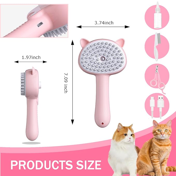Cat Steam Brush, 3 in 1 Steamy Cat Brush for Shedding, Pets Spary Brush With Release Buttom, Self-Cleaning Cats Dogs Hair Grooming Comb, Pets Steamy Brush With Water Tank, Pink