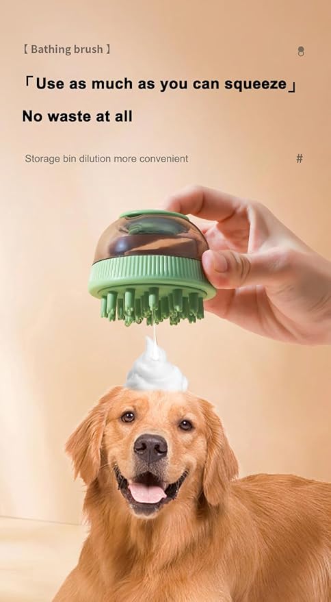 GERGOL - Dog Cat Bath Brush Comb Silicone Rubber Dog Grooming Brush Silicone Puppy Massage Brush Hair Fur Grooming Cleaning Brush Soft Shampoo Dispenser with release button 2 Replaceable Brush (Green)