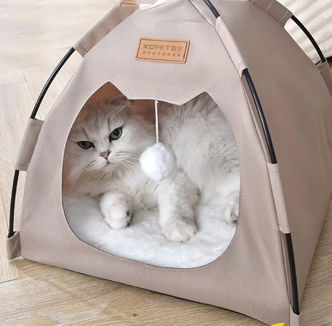 Cute Cat Teepee Cave, Cat Tent Foldable Indoor Outdoor with Thick Mat,Puppy Bed Tent,Bunny Pet Tent Teepee,Portable Dog House Teepee Tent, Cat Bed,Dog Bed Tent,Puppy Bunny,Pet Tent Teepee (R, M)