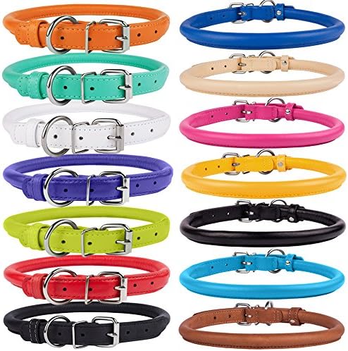 CollarDirect Rolled Leather Dog Collar, Soft Padded Round Puppy Collar, Handmade Genuine Leather Collar Dog Small Large Cat Collars 13 Colors (6-7 Inch, Deep Blue Textured)
