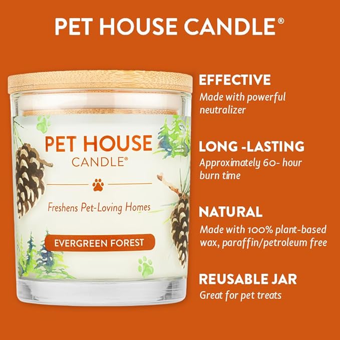 One Fur All Pet House Scented Candle in 9 OZ Glass Jar, 100% Plant-Based Soy Candle with a Cotton Wick, Clean Burning, Long Lasting Pet Odor Candles for Home, Evergreen Forest