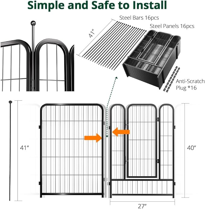 PawGiant Dog Fence Playpen 24”/32”/40” Indoor Outdoor for Small/Medium/Large Dogs, Metal Pet Puppy Cat Exercise Fencing Gate Crate Cage Outside RV, Camping, Yard, Garden (16 Panel, 27" W x 40" H)