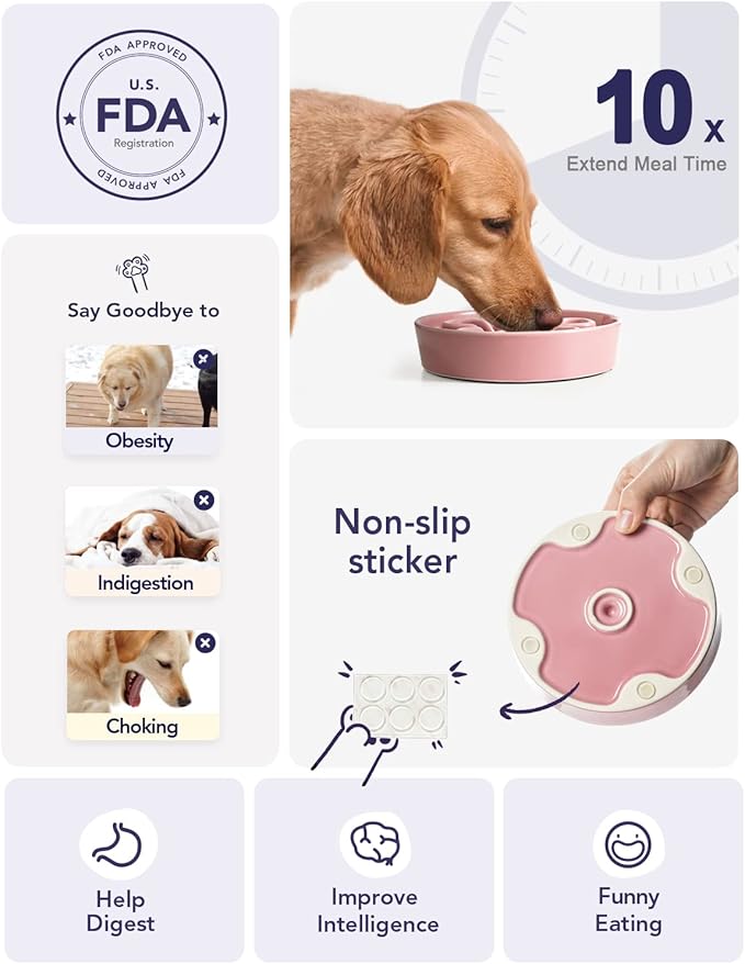 LE TAUCI Ceramic Slow Feeder Dog Bowls Small Breed, 0.6 Cups Dog Food Dish for Fast Eaters, Puzzle Bowl for Small Dogs and Cats,Pink