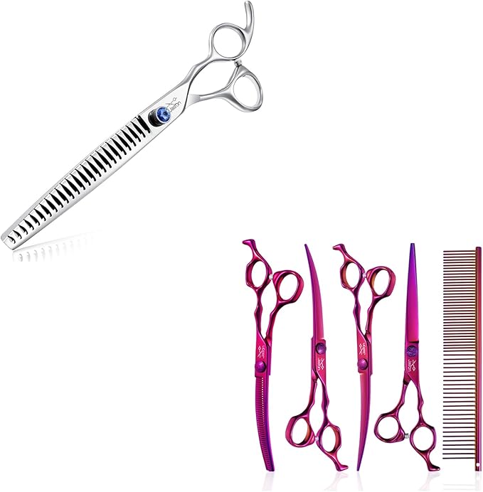 JASON 8" 26 Tooth Chunkers Shears for Dogs Ergonomic Cats Grooming Scissors & JASON Dog Grooming Scissors Set - Professional 6 in 1 Dog Shears Set