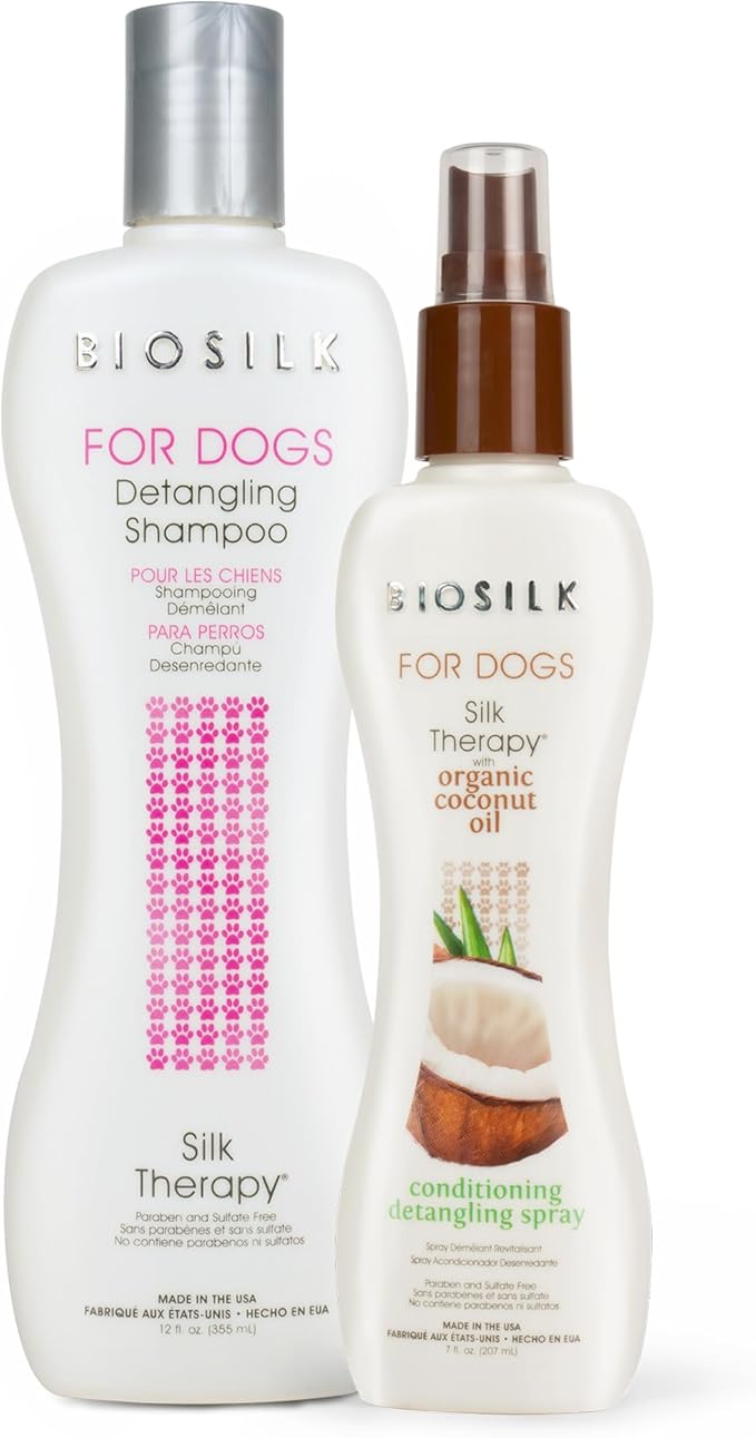 BioSilk for Dogs Detangling Spray & Shampoo Bundle | Conditioner Spray with Coconut Oil, 7 Fl Oz & Matted Hair Detangler Shampoo, 12 Fl Oz | Made in The USA