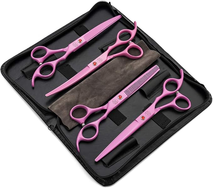 Moontay Professional 7.0" Dog Grooming Scissors Set, 4-pieces Straight, Upward Curved, Downward Curved, Thinning/Blending Shears for Dog, Cat and Pets, JP Stainless Steel, Pink