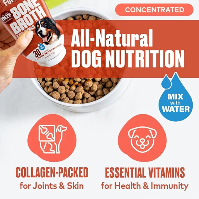 Beef Bone Broth for Dogs - Collagen Protein Supplement for Digestion, Mobility, Coat, Immune System, Healthy Dog Food Topper, Human Grade Meal Boost Gravy, Just Add Water, Made in USA 16 oz