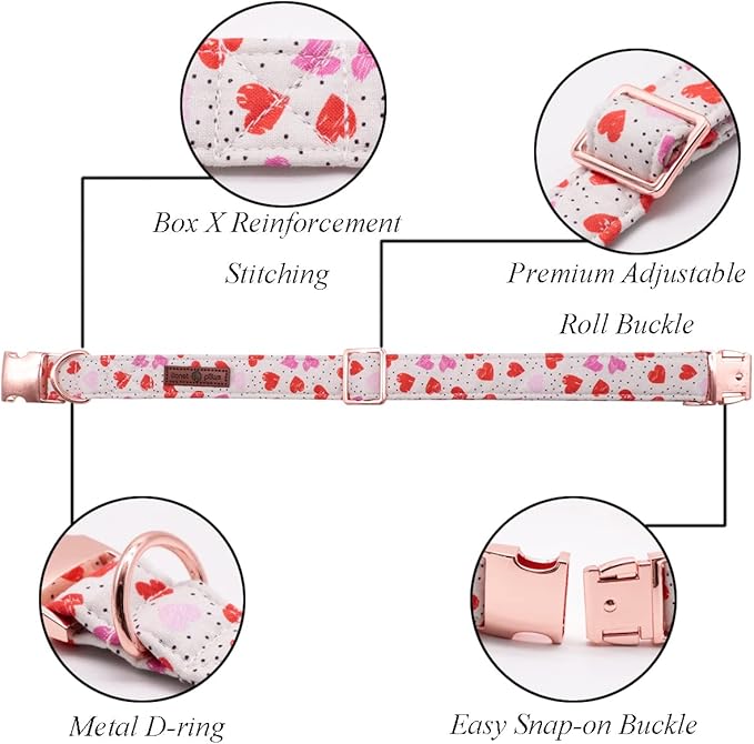 Lionet Paws Valentine Day Dog Collar, Heavy-Duty Cute Pink Heart Pattern Collar with Metal Buckle Pet Necklace for Medium Large Dog Gift, Neck 16-24 inches