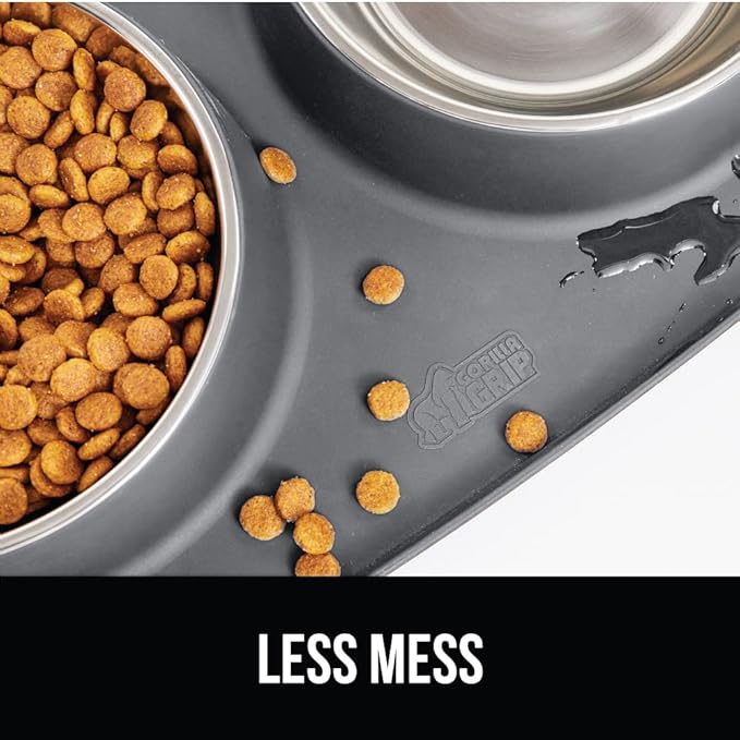 GORILLA GRIP Patent Pending 100% Waterproof BPA Free 3 Cup Cat and Dog Bowls Silicone Feeding Mat Set, Stainless Steel Bowl Slip Resistant Raised Edges, Catch Water, Food, Pet Accessories, Gray
