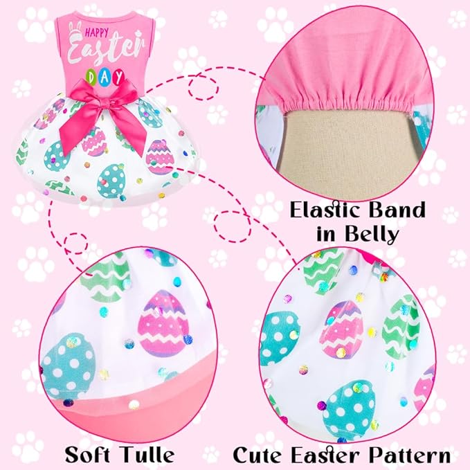 Dog Easter Outfit Cute Happy Easter Day Dog Dress Bunny Eggs Easter Dog Cat Clothes Pink Tulle Pet Doggie Apparel Outfit with Bowknot for Small Dogs Puppy Cat Girl Costume
