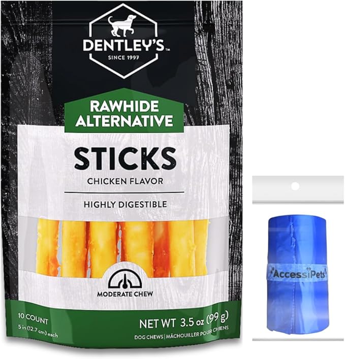 Dog Chews Bundles for Small and Medium Dogs, Rawhide Free Alternative 5 inch Retriever Sticks Bundle with 1 Dog Waste Roll, Dental Treats for Moderate Chewers (Chicken, 10 Count)