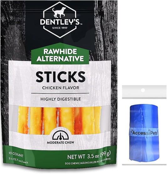 Dog Chews Bundles for Small and Medium Dogs, Rawhide Free Alternative 5 inch Retriever Sticks Bundle with 1 Dog Waste Roll, Dental Treats for Moderate Chewers (Chicken, 10 Count)