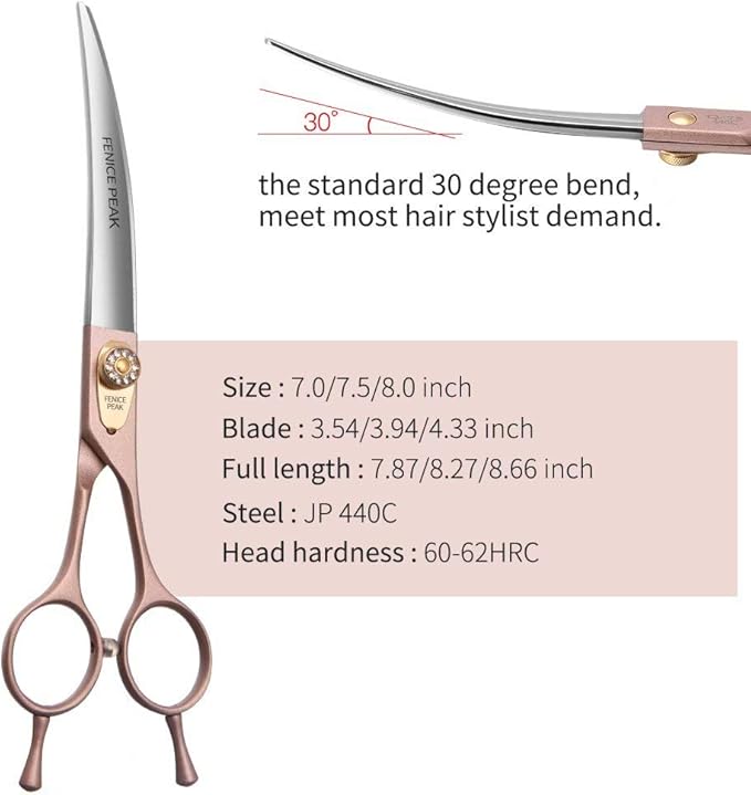 Fenice Peak Professional Curved Dog Grooming Scissors 8'' Rose Gold 440C Stainless Steel Pet Cutting Shears Safety Trimming Shearing for Dogs Cats